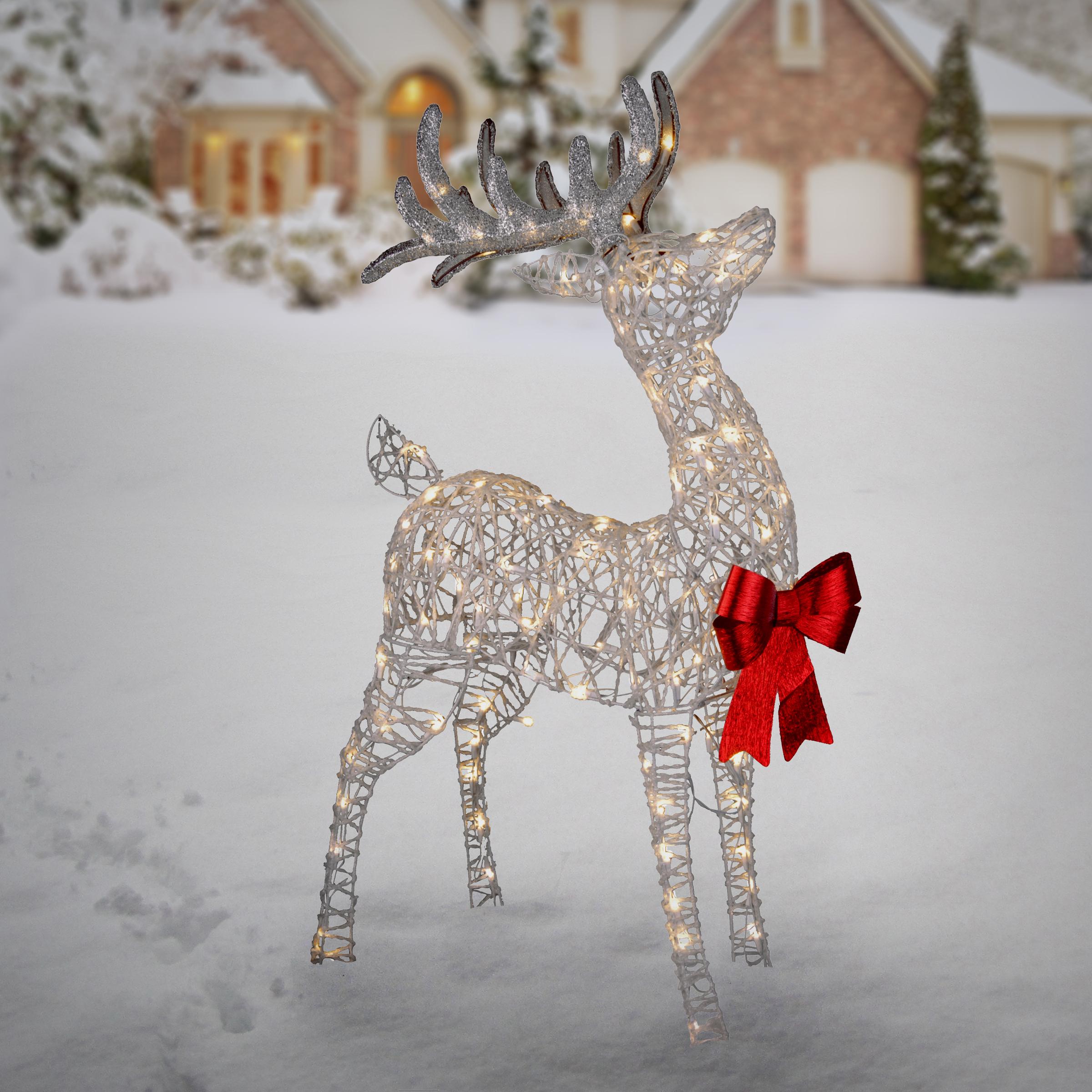 48" White and Red Pre-lit Standing Buck Christmas Decoration - Warm White LED Lights