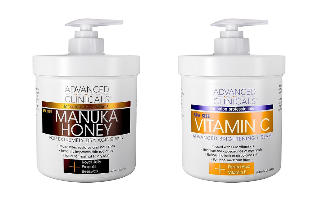 Advanced Clinicals Vitamin C &amp; Manuka Honey Moisturizer Set - Anti Aging Body &amp; Face Creams for Dry Skin, Wrinkles, 16 Oz (2-Pack)