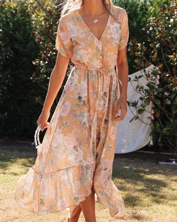 bohemian summer button irregular floral ruffle dresses