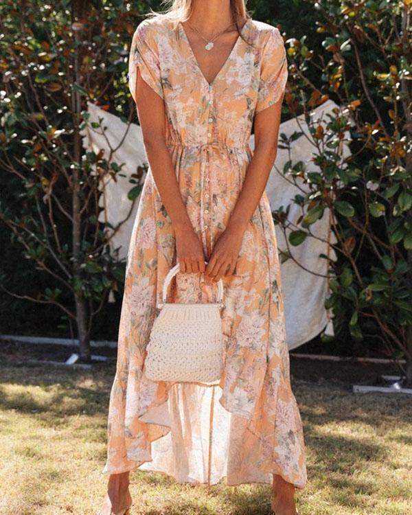 bohemian summer button irregular floral ruffle dresses