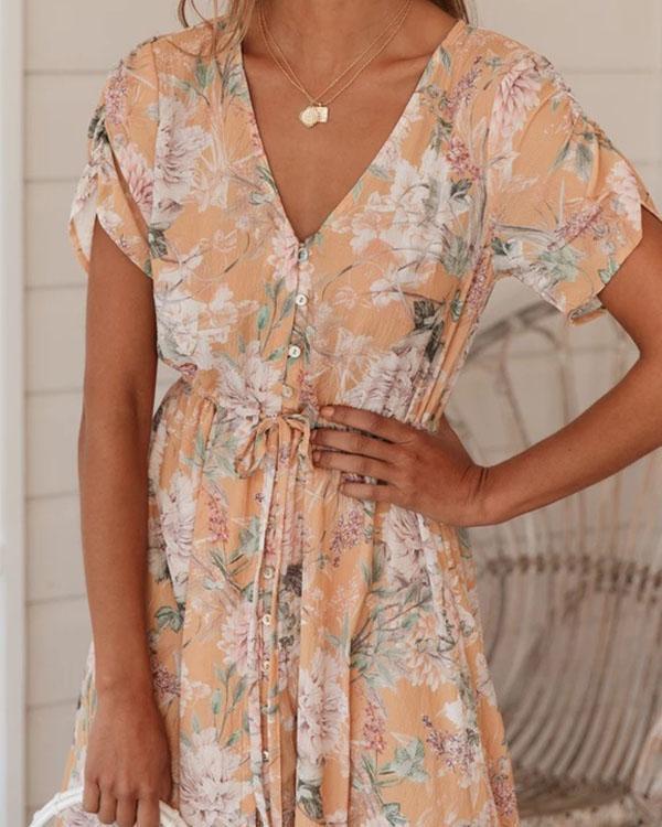 bohemian summer button irregular floral ruffle dresses