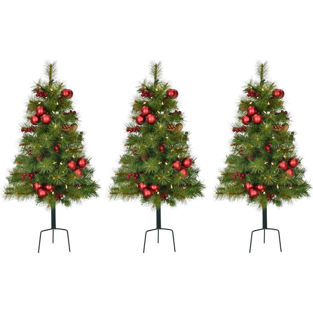 30 in. Christmas Joyful Walkway Trees with Led Lights, Pinecones, Berries and Ornaments