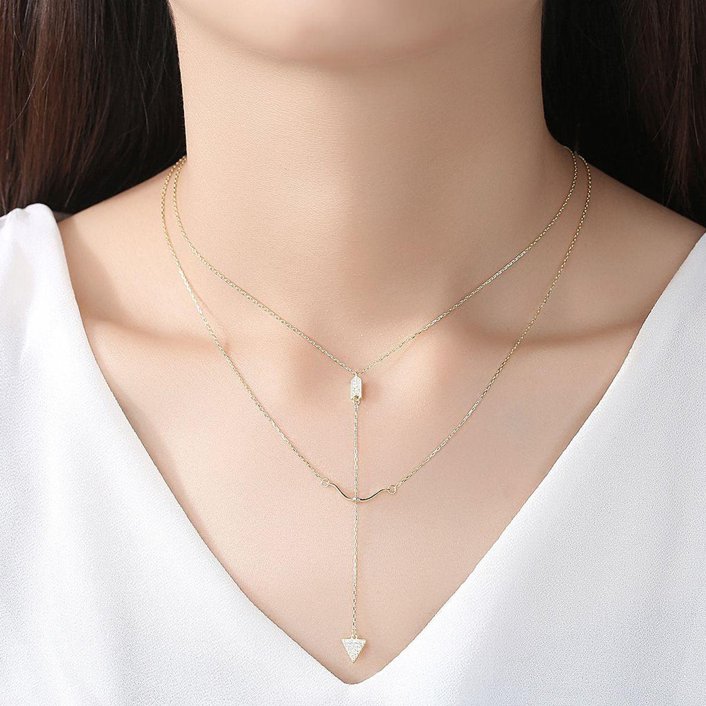 beautiful cz bow arrow 925 sterling silver double dangling necklace