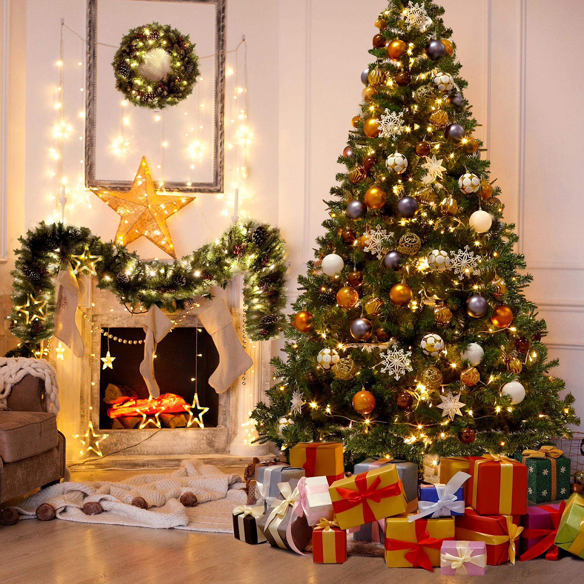 7.5ft Prelit Christmas Tree, Artificial Christmas Tree with 350 Warm White Lights and Metal Stand, 1250 Branch Tips Green Christmas Tree for Indoor Outdoor Home Holiday Decoration, TE1151