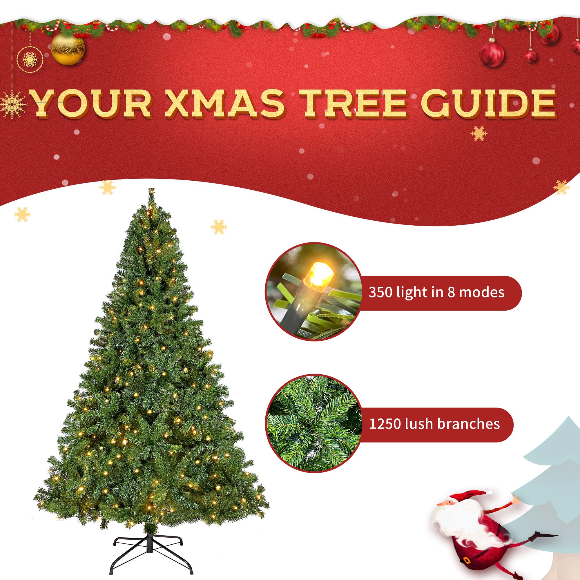 7.5ft Prelit Christmas Tree, Artificial Christmas Tree with 350 Warm White Lights and Metal Stand, 1250 Branch Tips Green Christmas Tree for Indoor Outdoor Home Holiday Decoration, TE1151