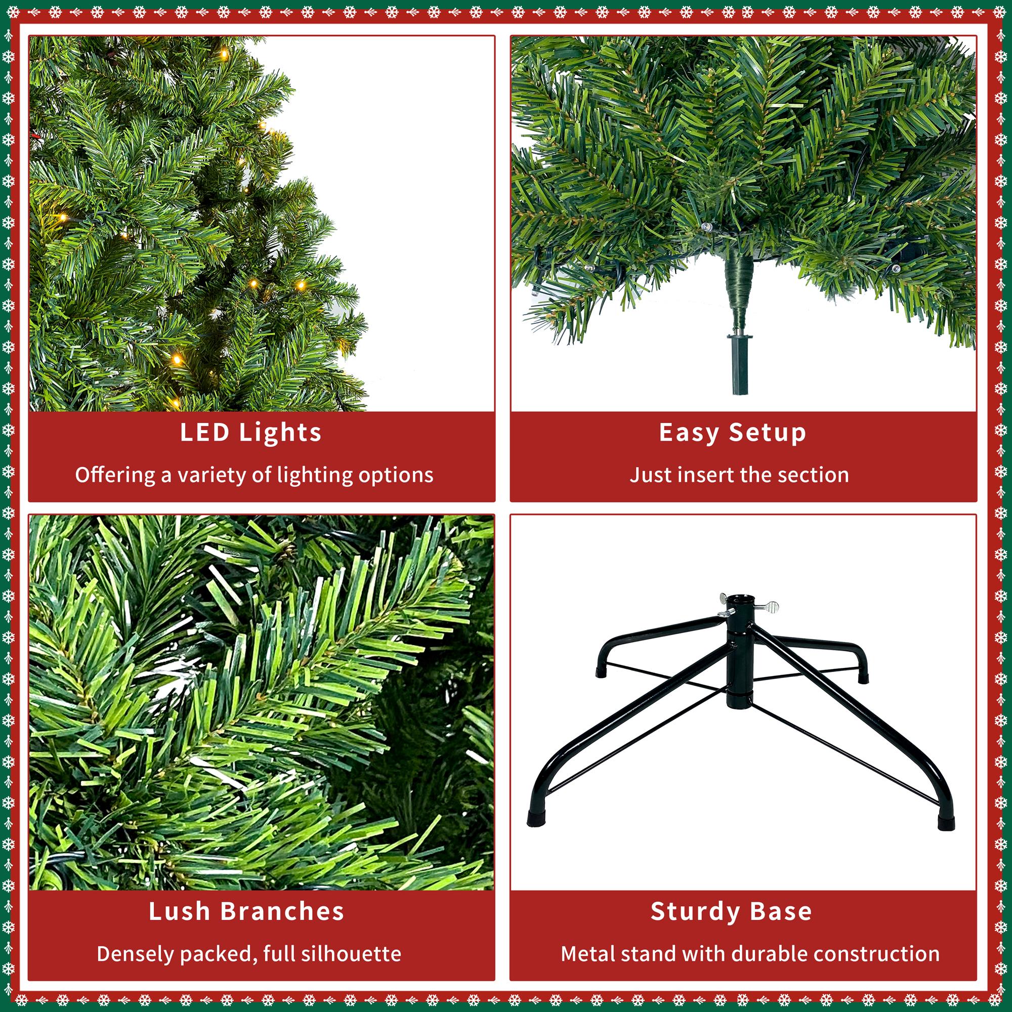 7.5ft Prelit Christmas Tree, Artificial Christmas Tree with 350 Warm White Lights and Metal Stand, 1250 Branch Tips Green Christmas Tree for Indoor Outdoor Home Holiday Decoration, TE1151