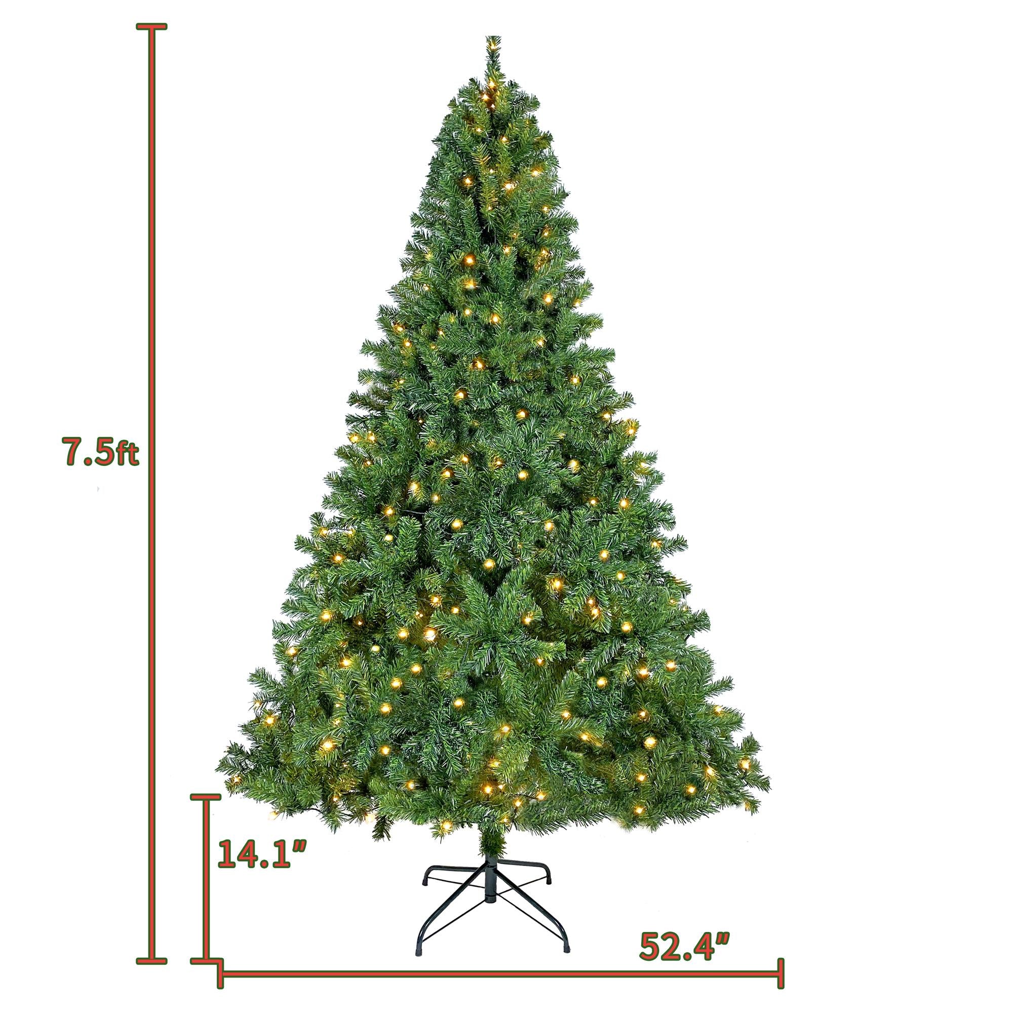 7.5ft Prelit Christmas Tree, Artificial Christmas Tree with 350 Warm White Lights and Metal Stand, 1250 Branch Tips Green Christmas Tree for Indoor Outdoor Home Holiday Decoration, TE1151