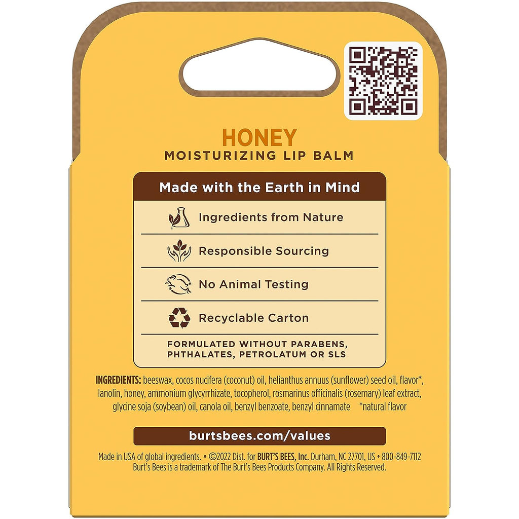 Burt's Bees 100% Natural Moisturizing Lip Balm, Honey with Beeswax - 4 Tubes
