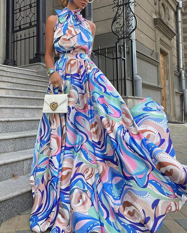 bow knot tie halter neck party dress formal maxi dress classy swing dress