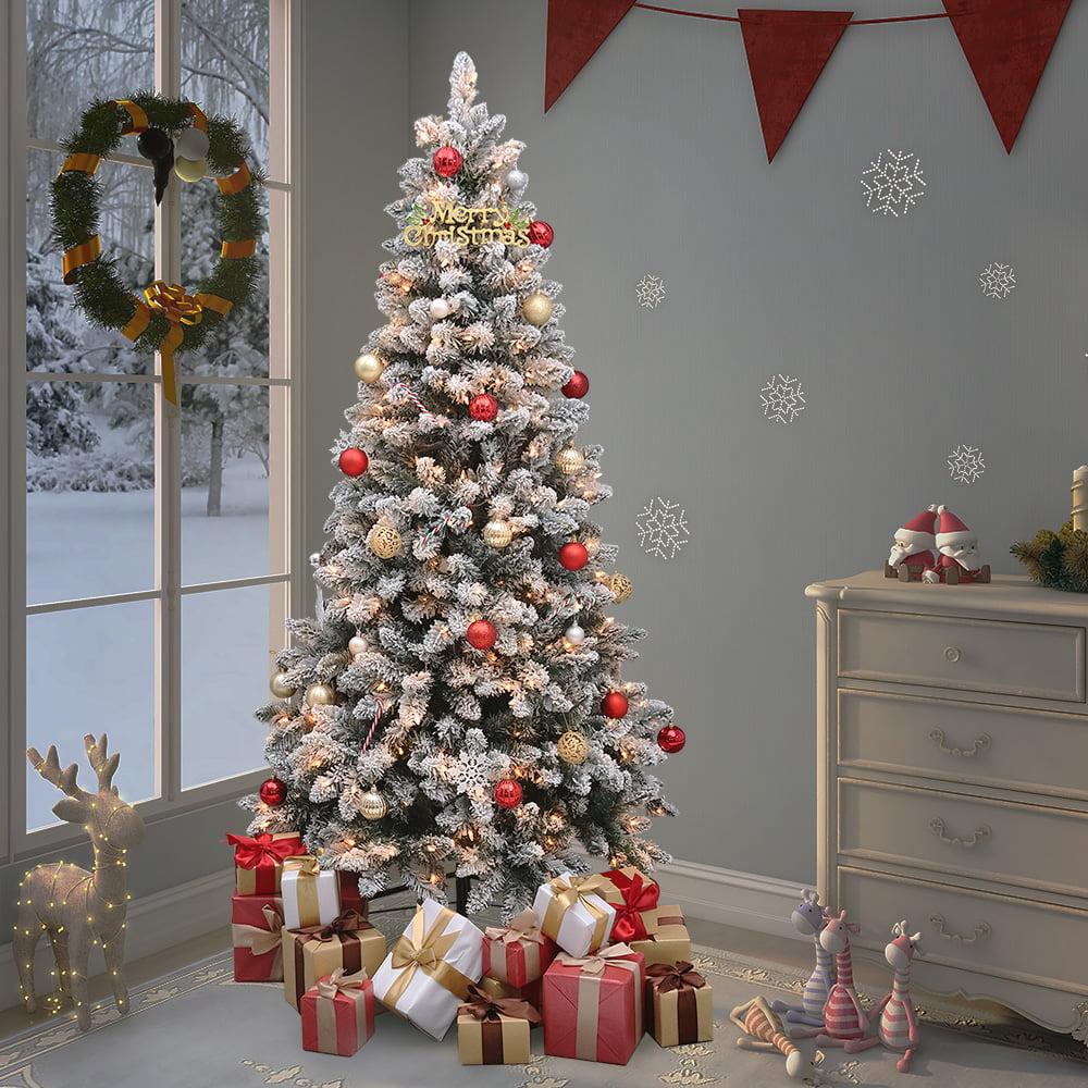 Abble Prelit Lighted Flocked White/Clear Spruce Artificial Christmas Tree 84", Green