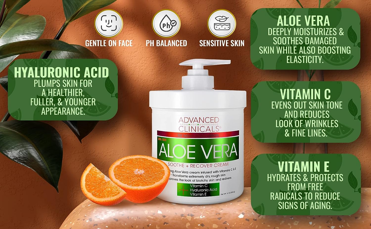 Advanced Clinicals Aloe Vera, Vitamin C &amp; Hyaluronic Acid Face &amp; Body Cream, Moisturizing Skincare for Dry, Age Spots &amp; Sun Damaged Skin, 16 oz (Pack of 2)