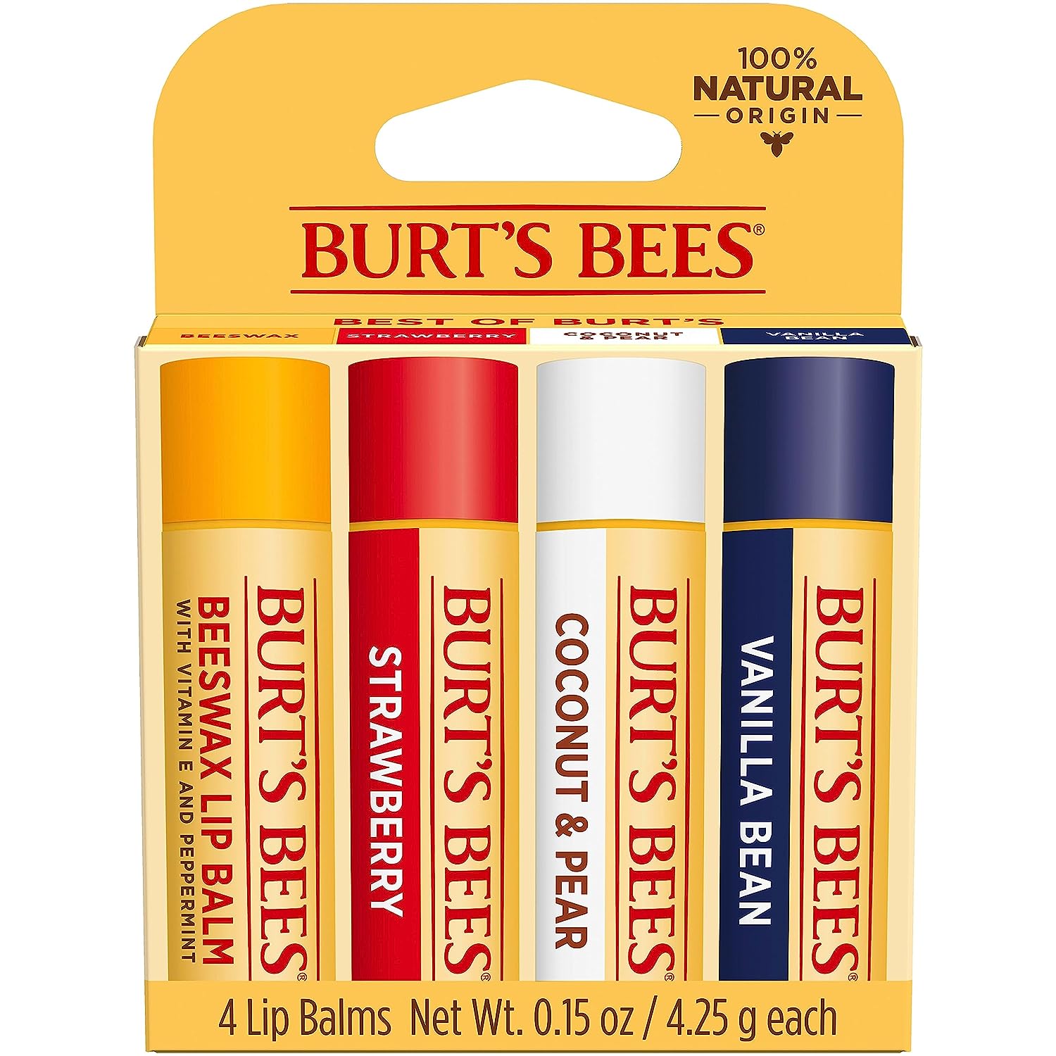 Burt's Bees Lip Balm, Moisturizing Lip Care, for All Day Hydration, 100% Natural, Original Beeswax, Strawberry, Coconut &amp; Pear &amp; Vanilla (4 Pack)