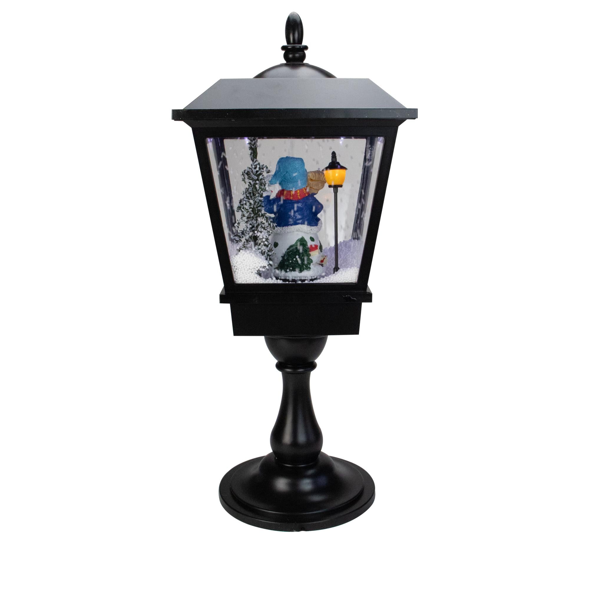 25" Snowman With a Broom and Toys Snowing Black Christmas Street Lamp