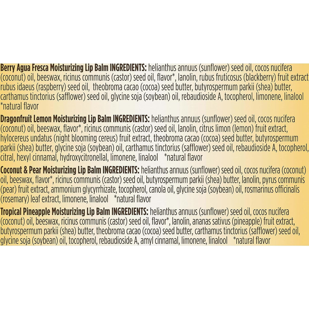 Burt's Bees Lip Balm, Moisturizing Lip Care for All Day Hydration, 100% Natural, Tropical - Pineapple, Berry Agua Fresca, Dragon Fruit &amp; Coconut &amp; Pear (4 Pack)