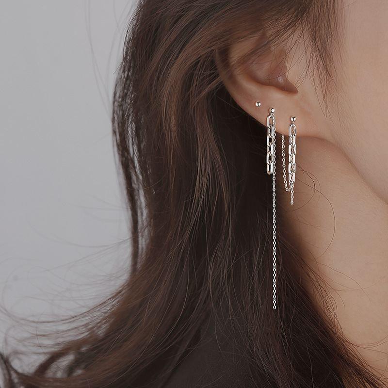 asymmetry chain tassels 925 sterling silver dangling earrings