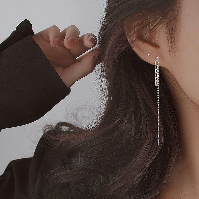 asymmetry chain tassels 925 sterling silver dangling earrings