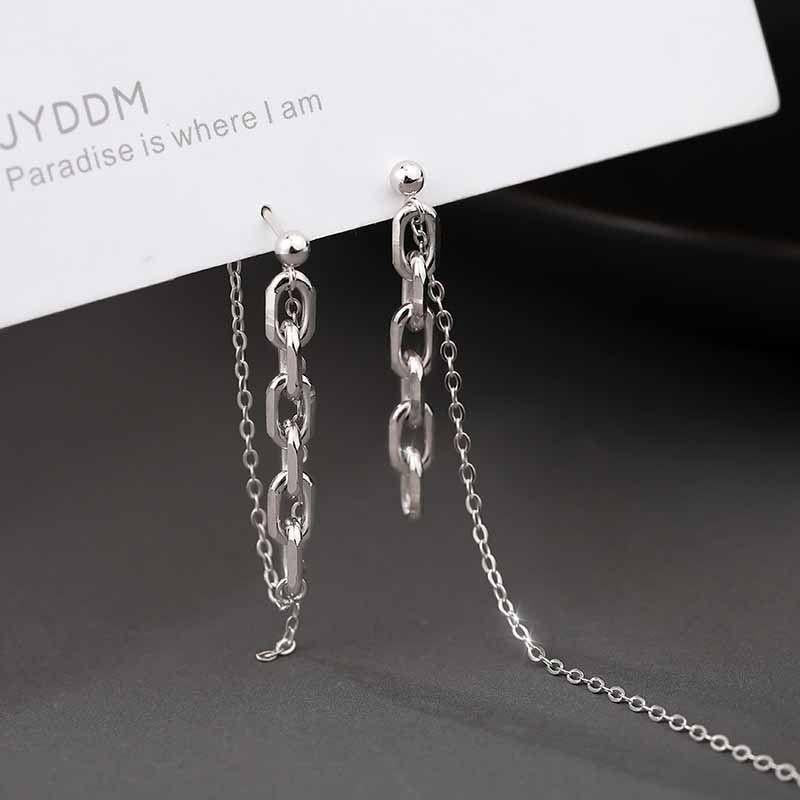 asymmetry chain tassels 925 sterling silver dangling earrings