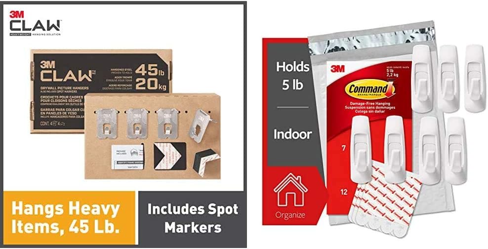 3M Claw Drywall Picture Hangers Holds 45 lb. &amp; Command Large Utility Hooks, 7-Hooks, 12-Strips