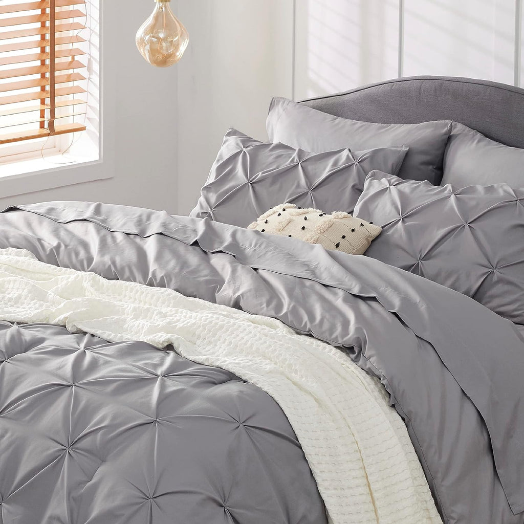 Bedsure Queen Comforter Set - 7 Pieces Comforters Queen Size Grey, Pintuck Bedding Sets Queen for All Season, Bed in a Bag with Flat Sheet and Fitted Sheet, Pillowcases &amp; Shams