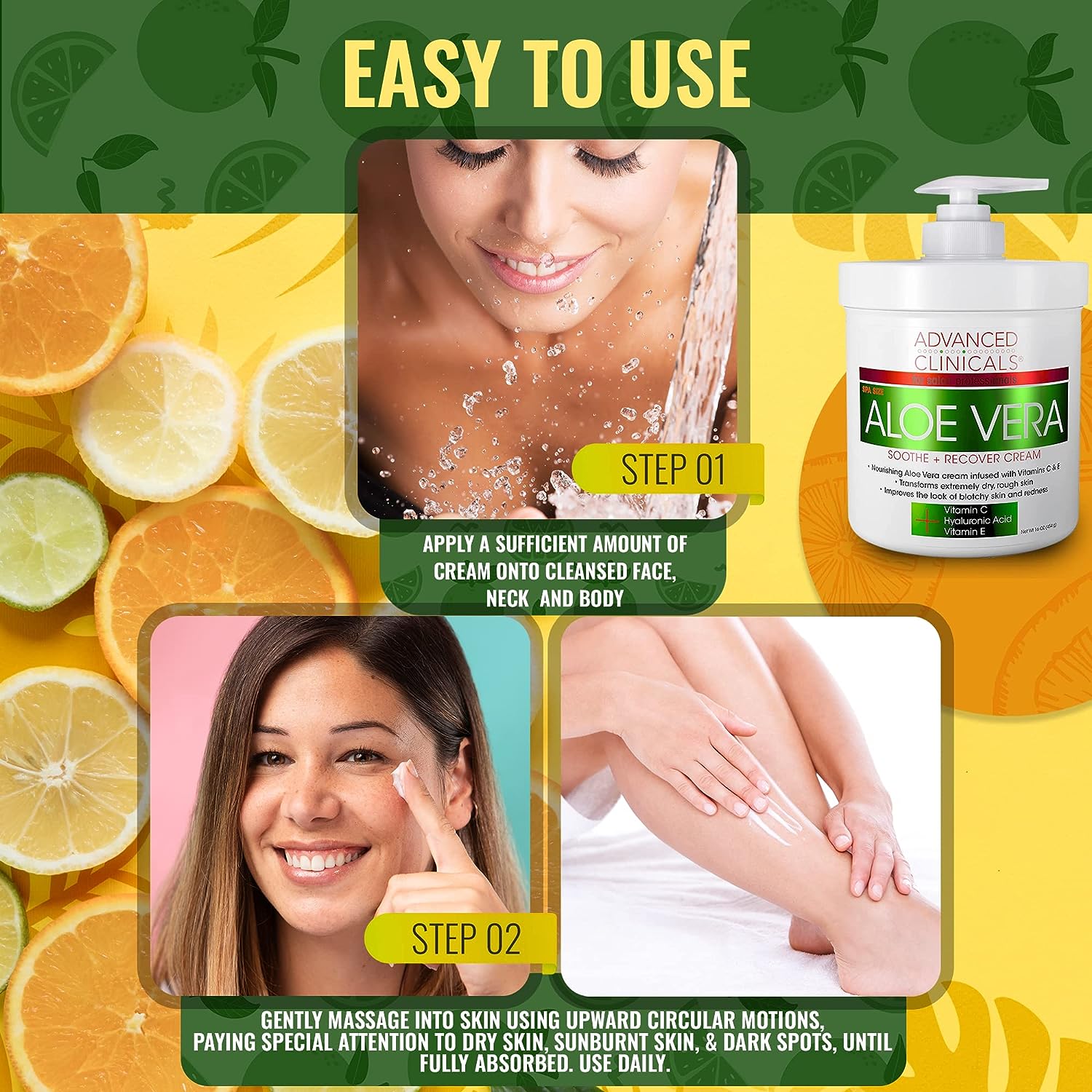 Advanced Clinicals Aloe Vera, Vitamin C &amp; Hyaluronic Acid Face &amp; Body Cream, Moisturizing Lotion for Dry &amp; Sun-Damaged Skin, 16 Oz