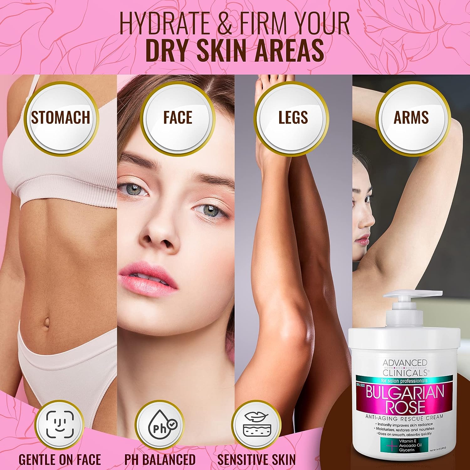 Advanced Clinicals Bulgarian Rose Anti Aging Rescue Cream Face &amp; Body Moisturizing Skin Care Lotion, Skincare Moisturizer For Dry Skin, Age Spots, &amp; Improving Skin Radiance, Large 16 Oz (Pack of 2)