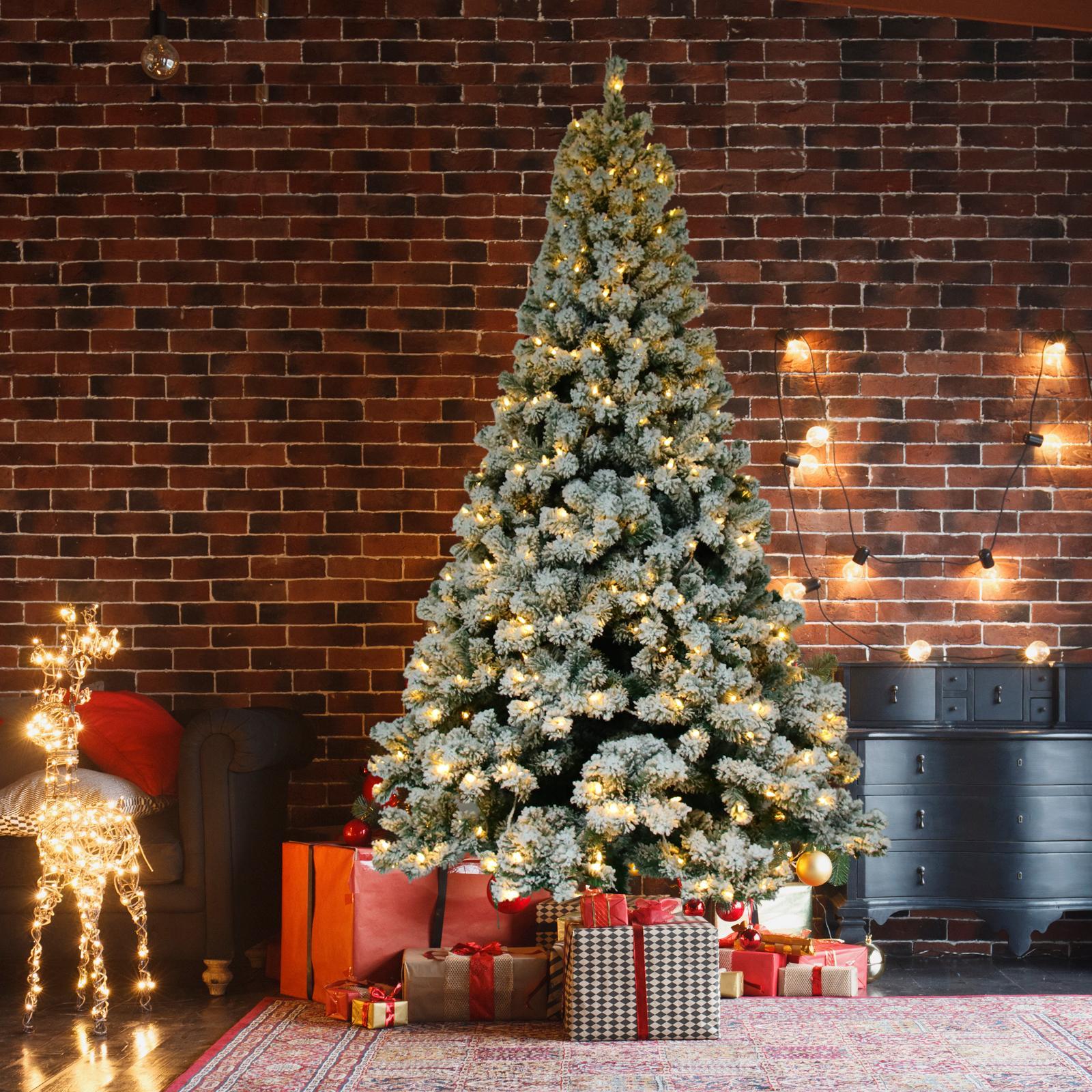 9' Christmas Tree with String Lights, Green and White PVC Flocking Snow Premium Holiday with Branches including Foldable Metal Base