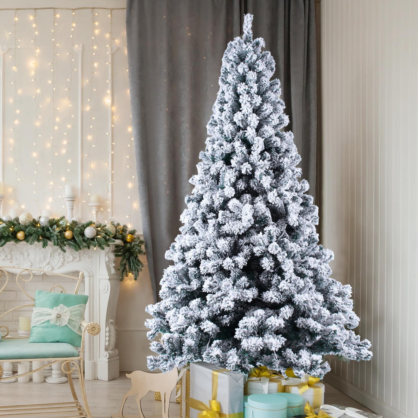 9' Christmas Tree with String Lights, Green and White PVC Flocking Snow Premium Holiday with Branches including Foldable Metal Base