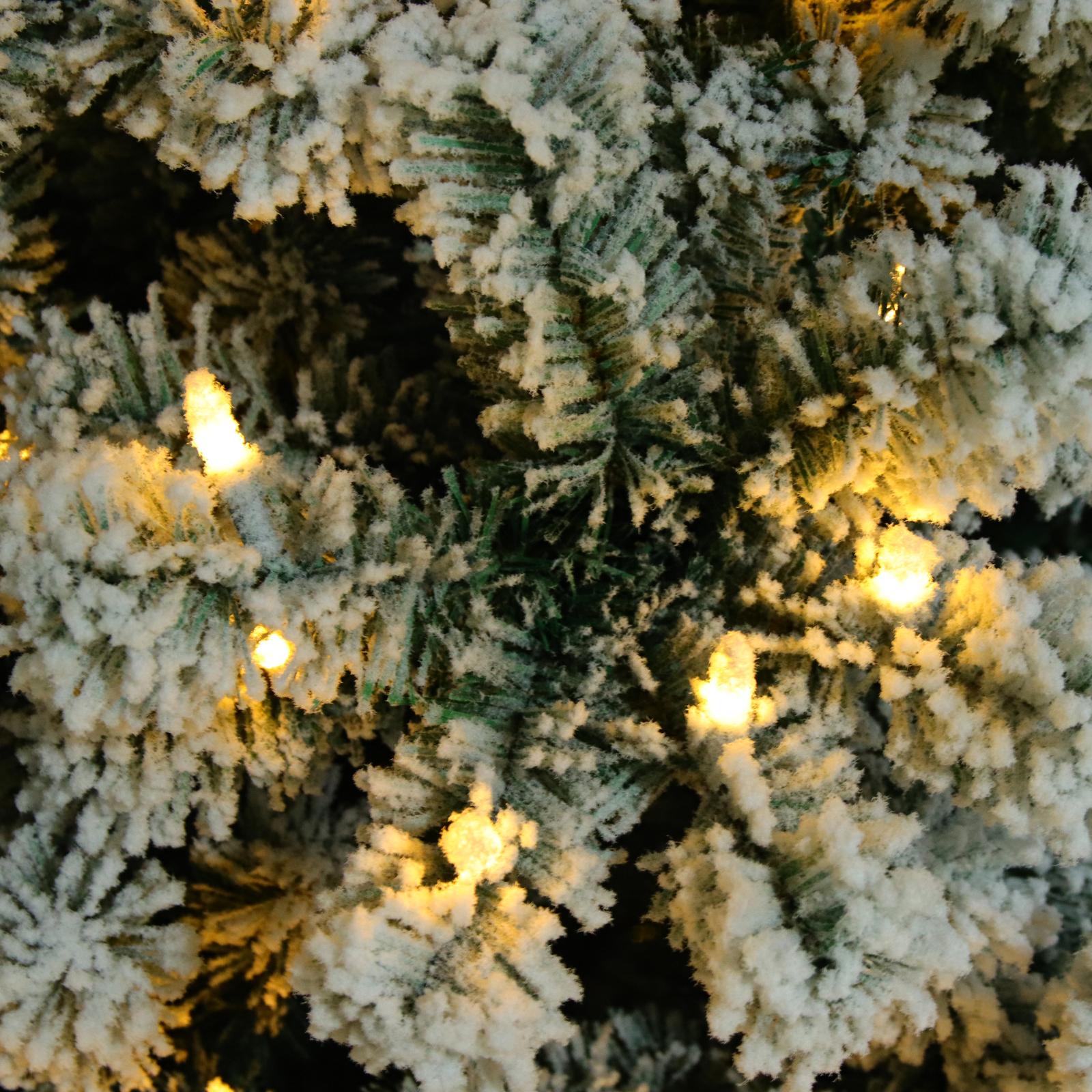 9' Christmas Tree with String Lights, Green and White PVC Flocking Snow Premium Holiday with Branches including Foldable Metal Base
