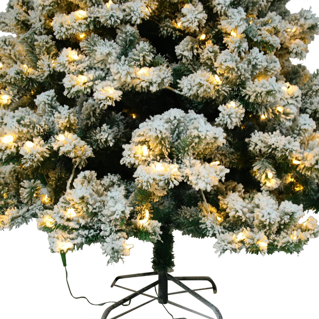 9' Christmas Tree with String Lights, Green and White PVC Flocking Snow Premium Holiday with Branches including Foldable Metal Base