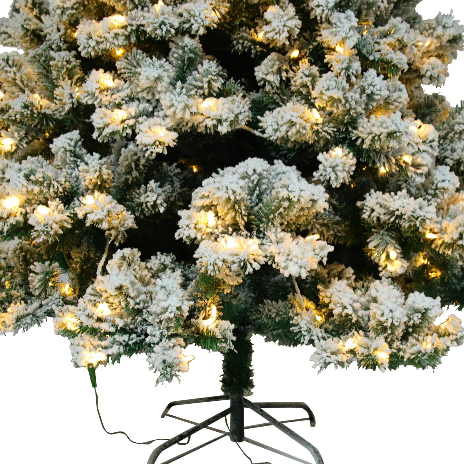 9' Christmas Tree with String Lights, Green and White PVC Flocking Snow Premium Holiday with Branches including Foldable Metal Base