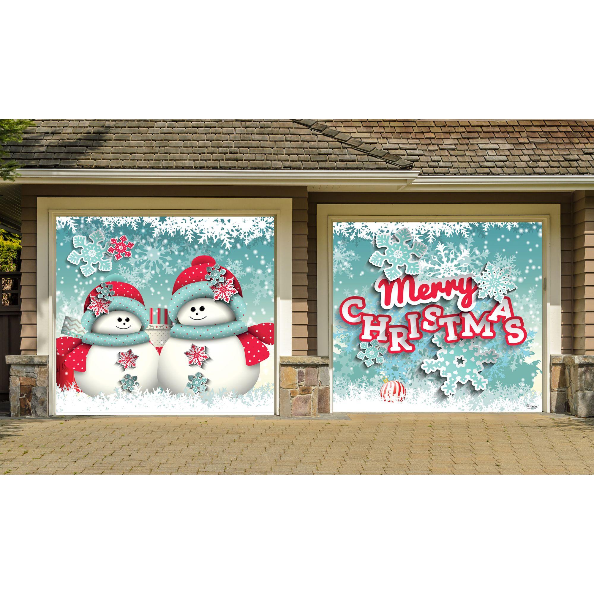 7' x 8' Blue and White Snowman Outdoor Split Car Garage Door Banner