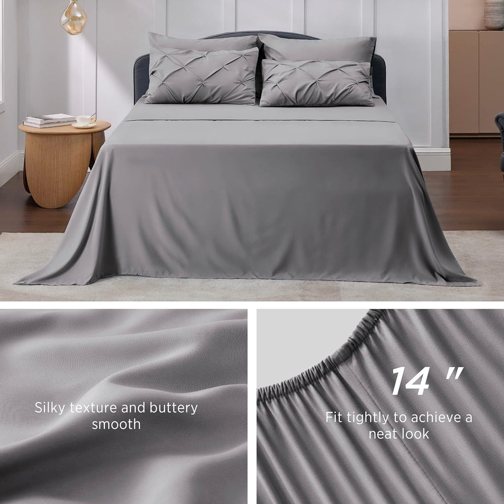 Bedsure Queen Comforter Set - 7 Pieces Comforters Queen Size Grey, Pintuck Bedding Sets Queen for All Season, Bed in a Bag with Flat Sheet and Fitted Sheet, Pillowcases &amp; Shams