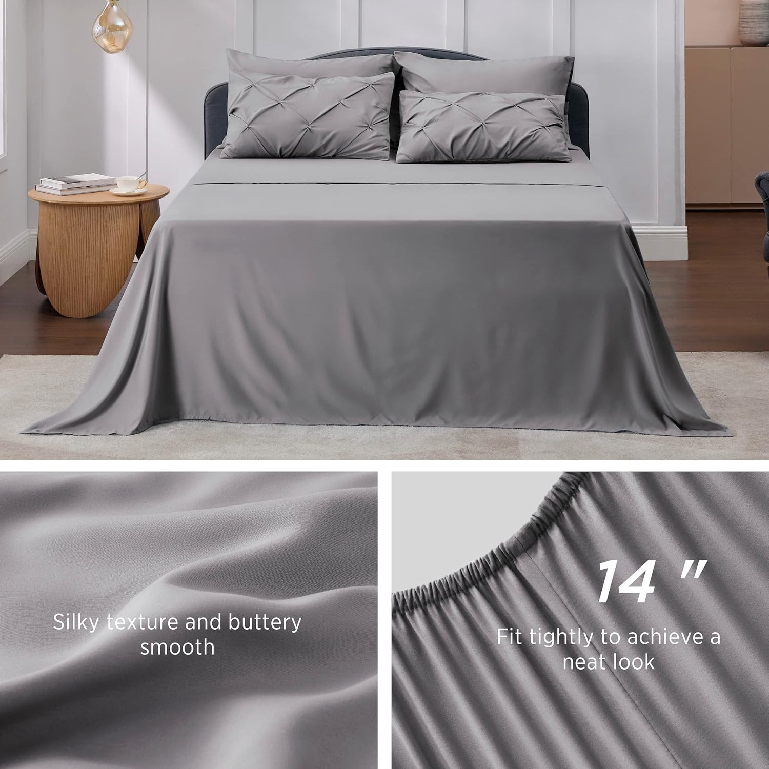 Bedsure Queen Comforter Set - 7 Pieces Comforters Queen Size Grey, Pintuck Bedding Sets Queen for All Season, Bed in a Bag with Flat Sheet and Fitted Sheet, Pillowcases &amp; Shams