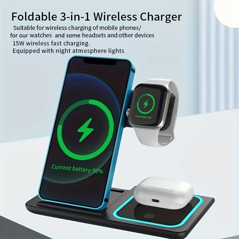 3 In 1 Fast Charging Station, Folding Wireless Charger Stand For  14,13,12,11/Pro/Max/Mini/Plus, X, XR, XS/Max, SE, 8/Plus, For IWatch 1-8, For Airpods 3/2/Pro