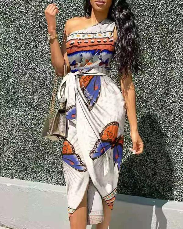 butterfly print oblique shoulder irregular dress