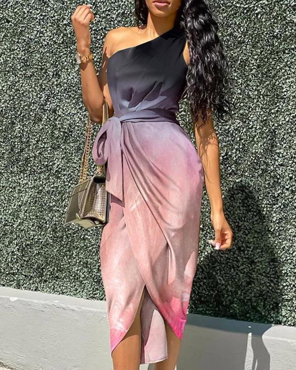 butterfly print oblique shoulder irregular dress