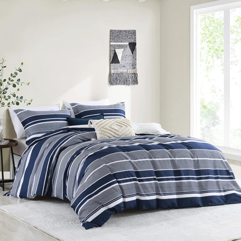 Bedduvit Navy Duvet Cover Queen - Cotton Duvet Cover Queen Size,3 Piece Percale Striped Duvet Cover Queen Sets,Simple Modern Queen Duvet Cover with Zipper Closure &amp; 8 Ties