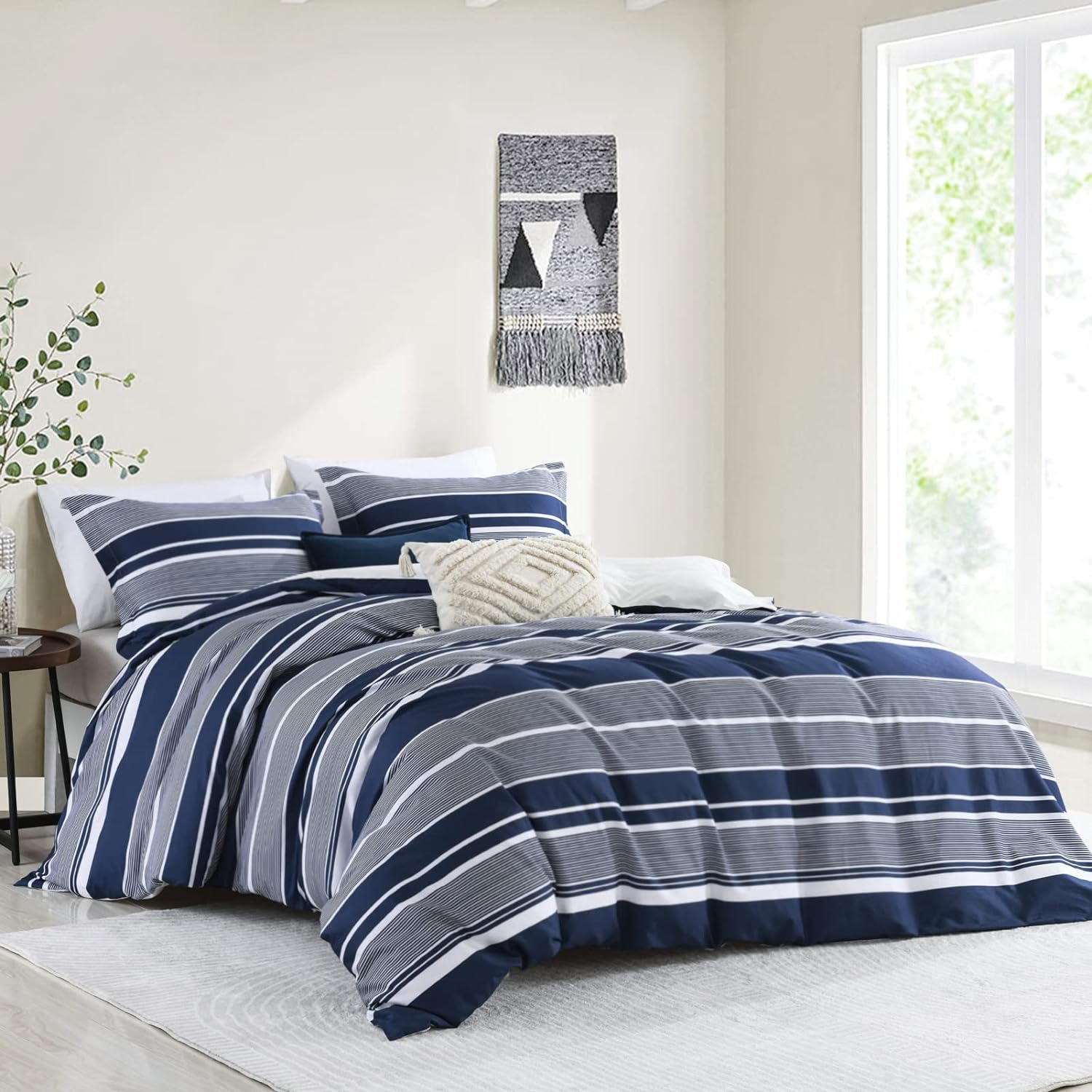 Bedduvit Navy Duvet Cover Queen - Cotton Duvet Cover Queen Size,3 Piece Percale Striped Duvet Cover Queen Sets,Simple Modern Queen Duvet Cover with Zipper Closure &amp; 8 Ties