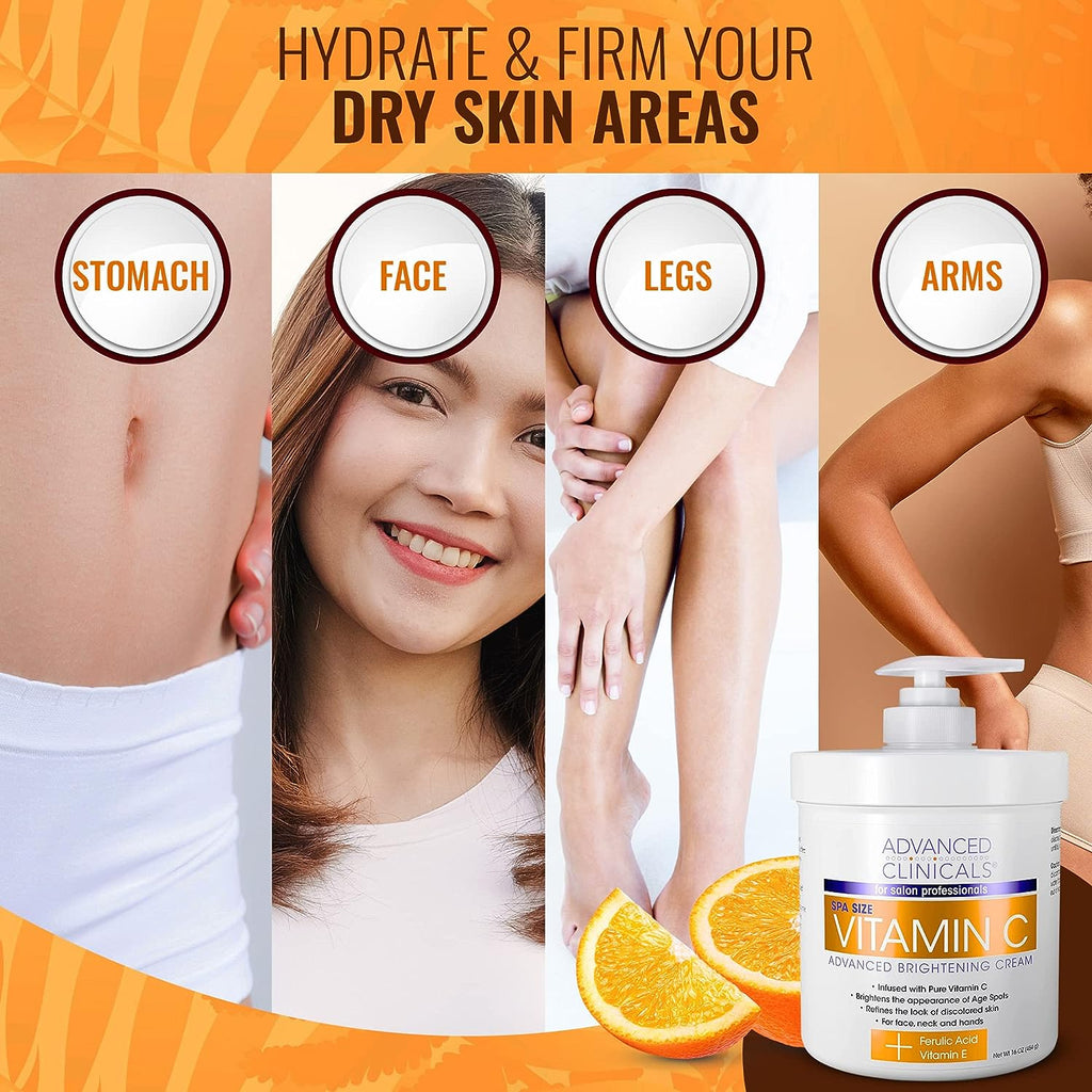 Advanced Clinicals Vitamin C Face &amp; Body Cream Moisturizing Skin Care Lotion, Anti Aging Vitamin C Skincare Moisturizer For Body, Face, Age Spots, Wrinkles, &amp; Sun Damaged Skin, Large 16oz (2-Pack)