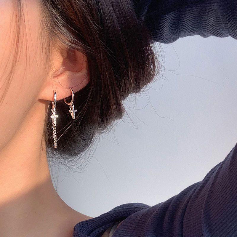 asymmetry cz cross chain irregular 925 sterling silver hoop earrings