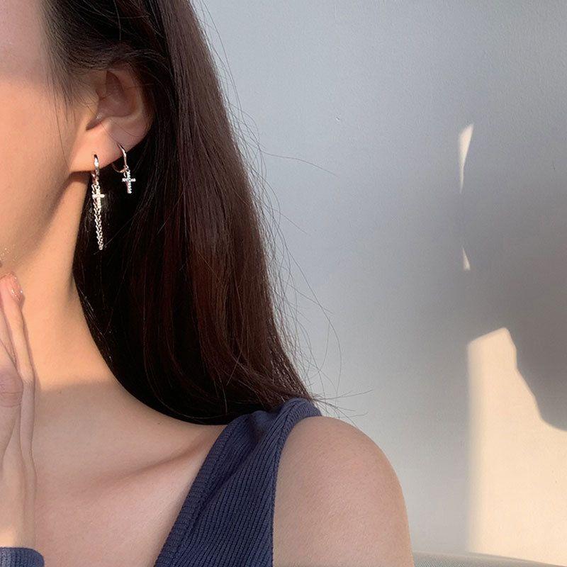 asymmetry cz cross chain irregular 925 sterling silver hoop earrings