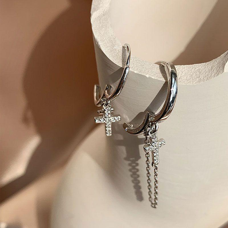 asymmetry cz cross chain irregular 925 sterling silver hoop earrings