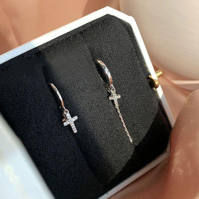 asymmetry cz cross chain irregular 925 sterling silver hoop earrings