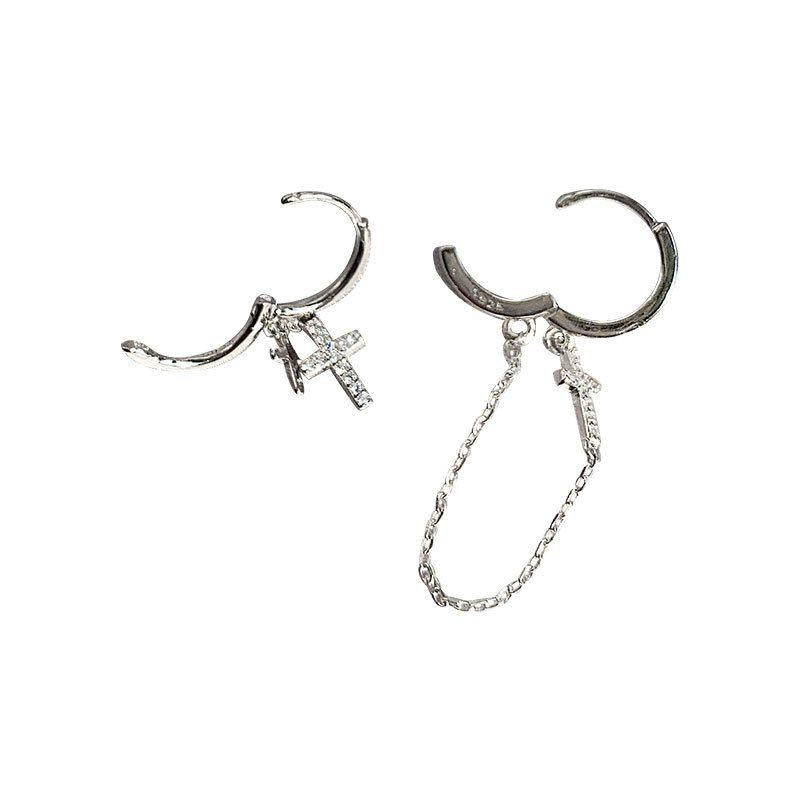 asymmetry cz cross chain irregular 925 sterling silver hoop earrings