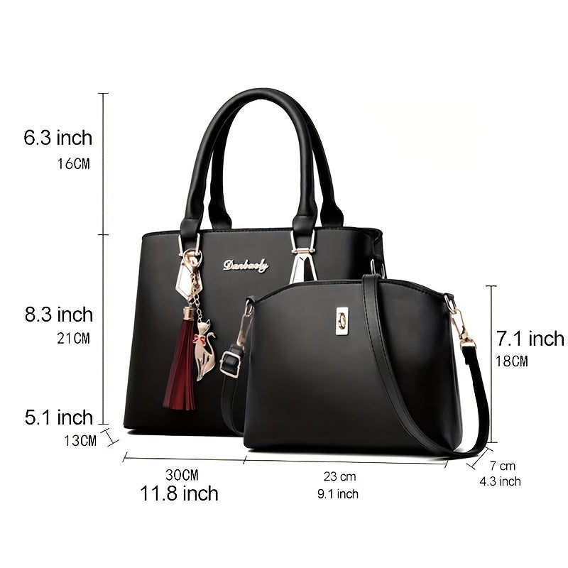 2pcs PU Leather Bag Set, Tassel Decor Handbag &amp; Crossbody Bag, Women's Office &amp; Work Purse