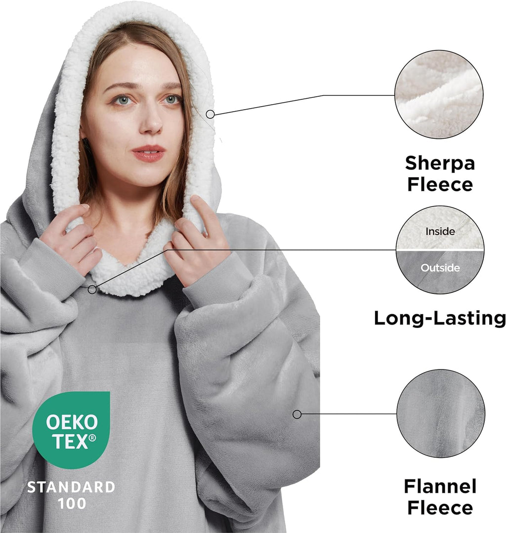 Bedsure Wearable Blanket Hoodie - Sherpa Fleece Hooded Blanket for Adult as A Gift, Warm &amp; Comfortable Blanket Sweatshirt with Giant Pocket both Indoors and Outdoors (Standard, Grey)