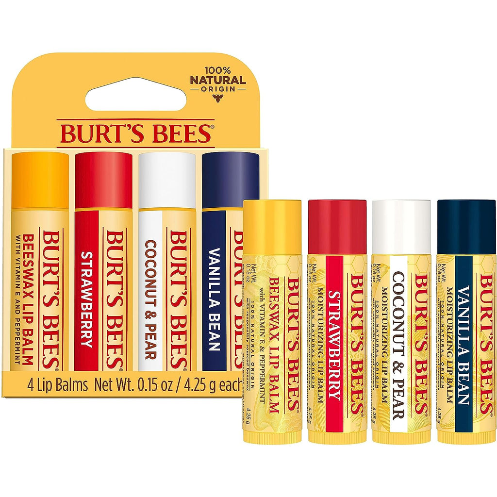 Burt's Bees Lip Balm, Moisturizing Lip Care, for All Day Hydration, 100% Natural, Original Beeswax, Strawberry, Coconut &amp; Pear &amp; Vanilla (4 Pack)