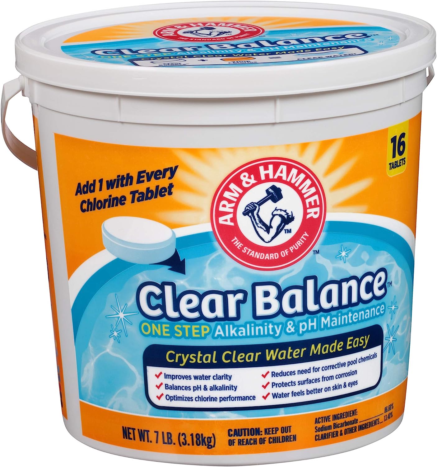 ARM &amp; HAMMER Clear Balance Swimming Pool Alkalinity &amp; pH Maintenance Tablets, White, 1 Pack, 16 Count