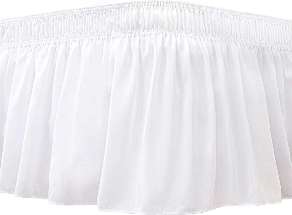 BiscaynWrap Around Bed Skirts for Queen Beds 15" Drop, White Adjustable Elastic Dust Ruffles Easy Fit Wrinkle &amp; Fade Resistant Silky Luxurious Fabric Machine Washable