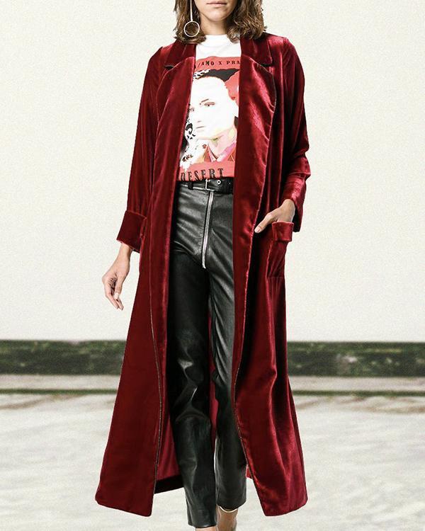 calf length red notched lapel velvet outerwear
